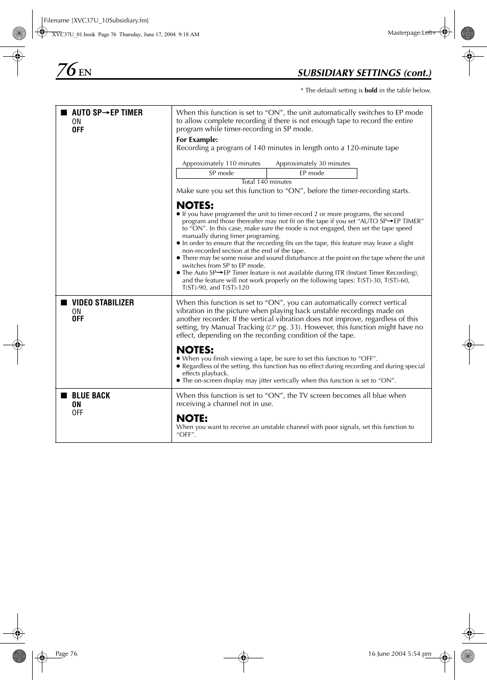 Subsidiary settings (cont.) | JVC HR-XVC37U User Manual | Page 76 / 92