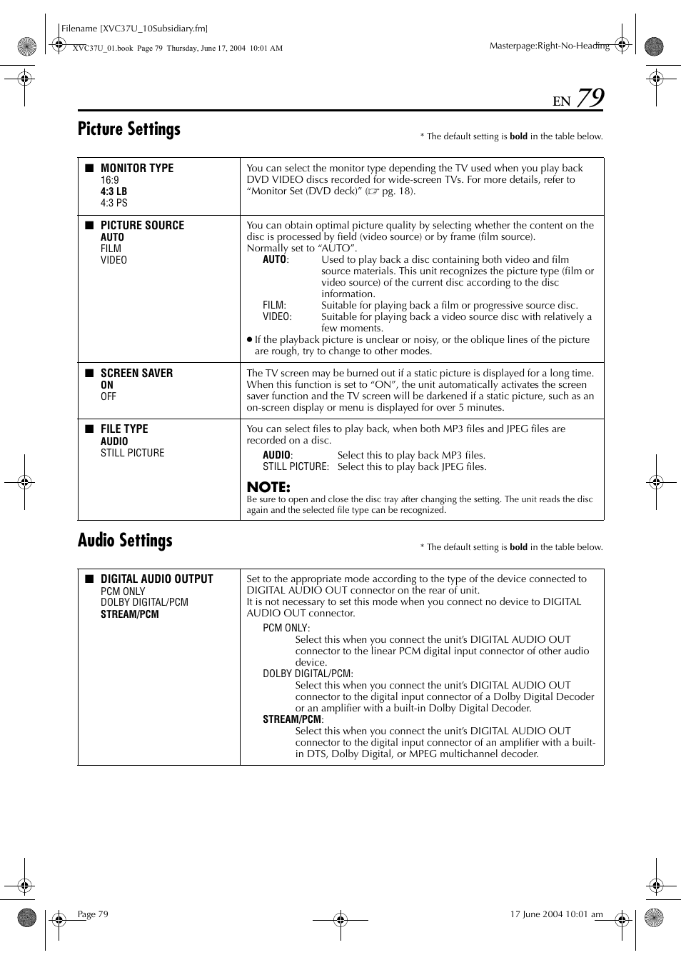 Picture settings, Audio settings | JVC HR-XVC37U User Manual | Page 79 / 92