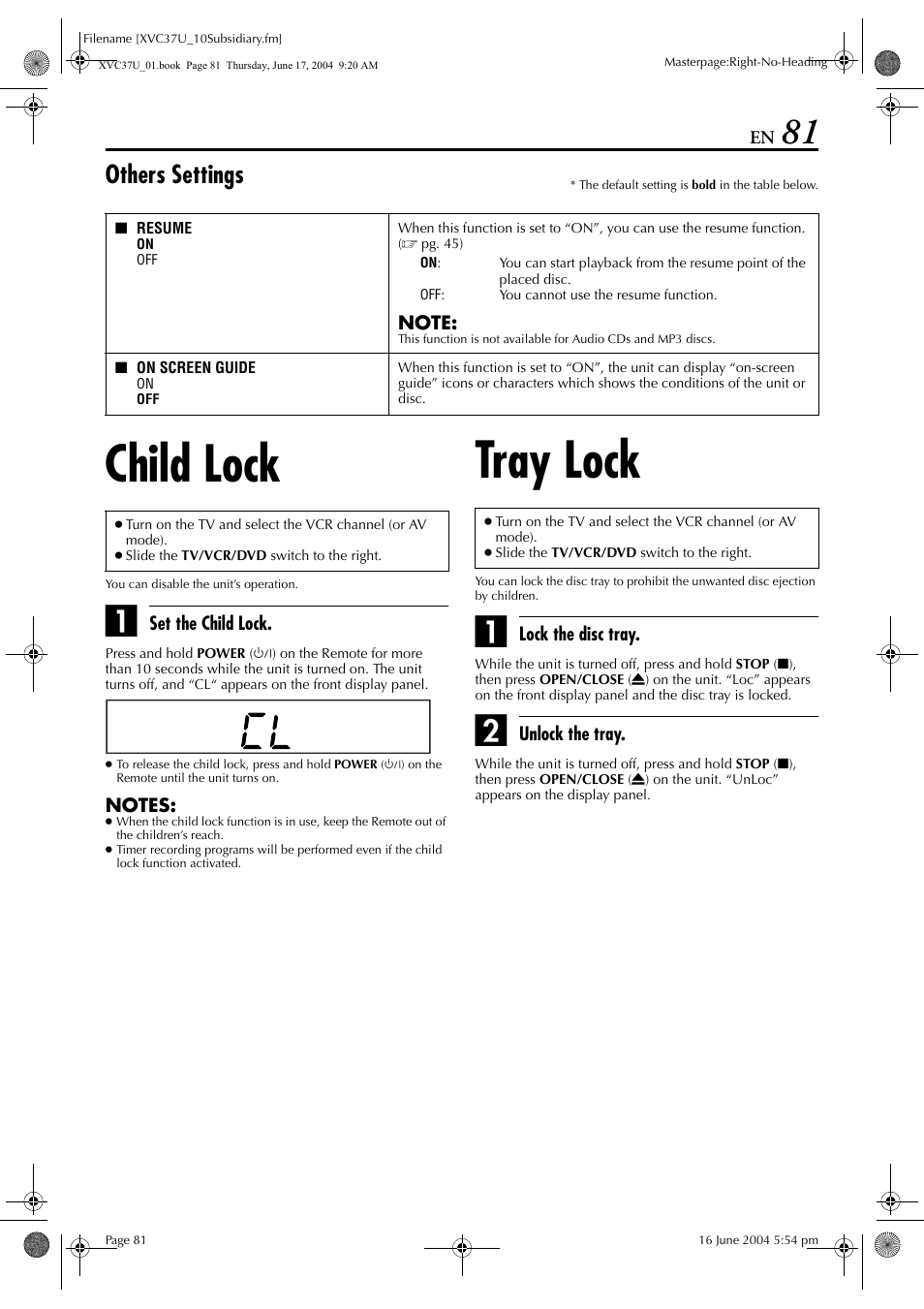 Child lock, Tray lock, Others settings | JVC HR-XVC37U User Manual | Page 81 / 92