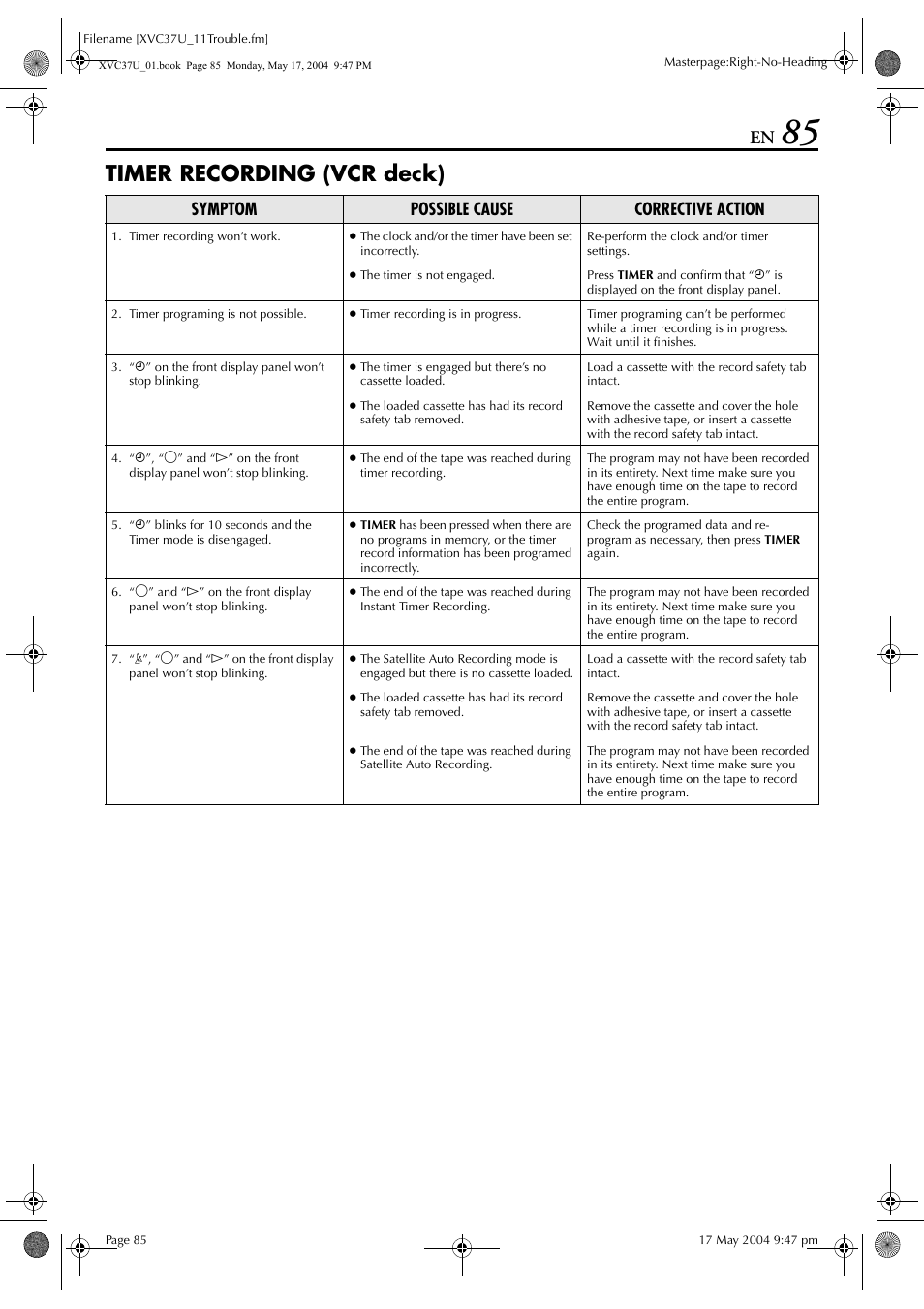 Timer recording (vcr deck), Symptom possible cause corrective action | JVC HR-XVC37U User Manual | Page 85 / 92