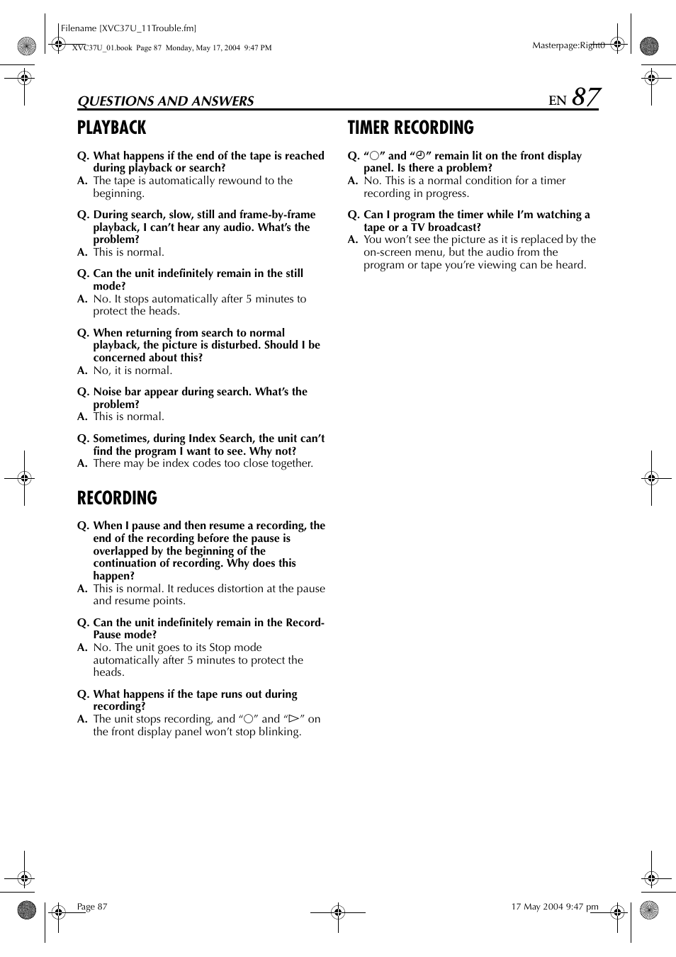 Playback, Recording, Timer recording | JVC HR-XVC37U User Manual | Page 87 / 92