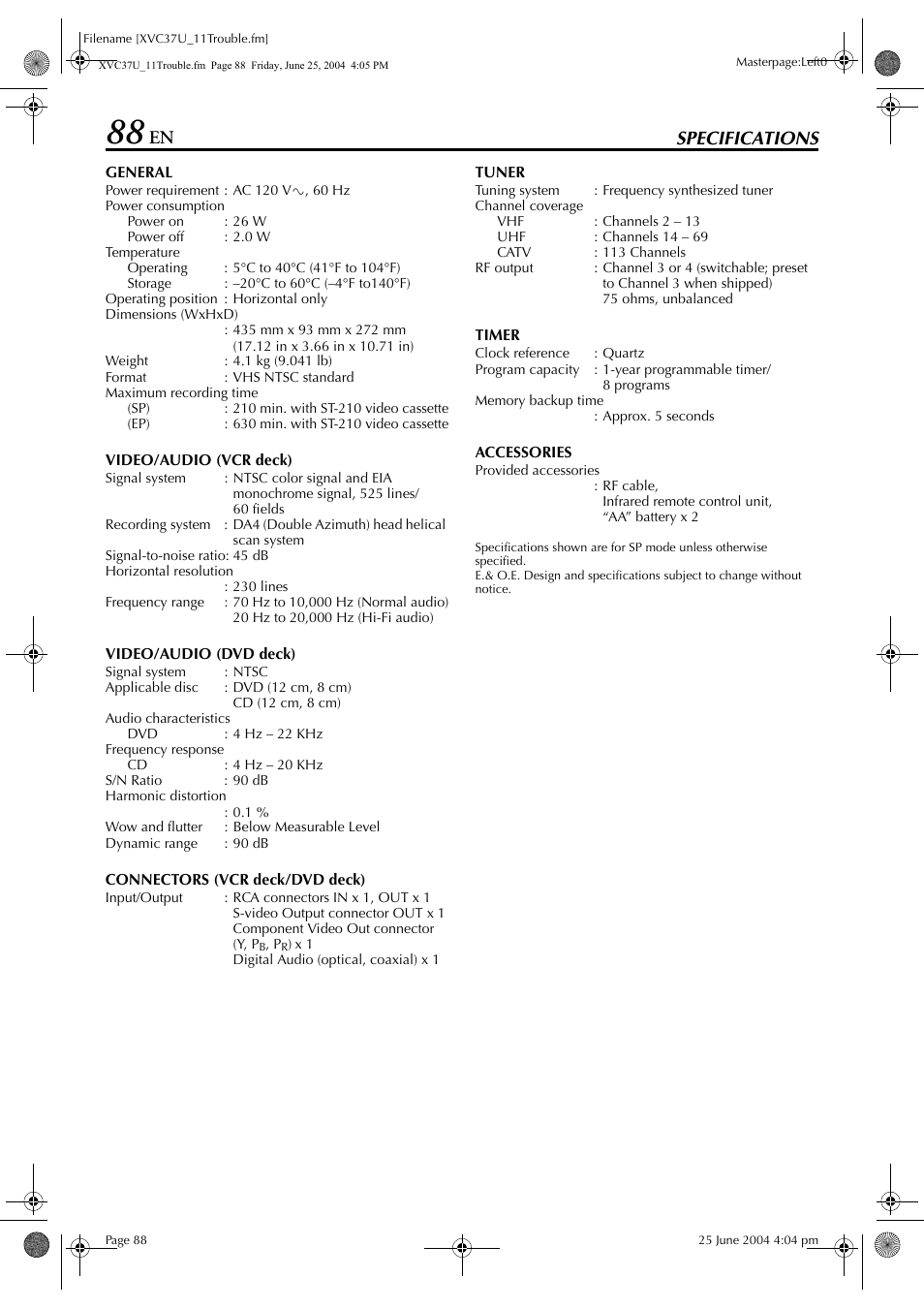 Specifications | JVC HR-XVC37U User Manual | Page 88 / 92