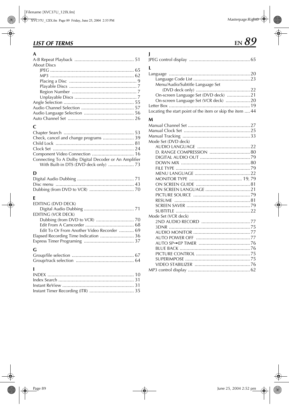 List of terms | JVC HR-XVC37U User Manual | Page 89 / 92