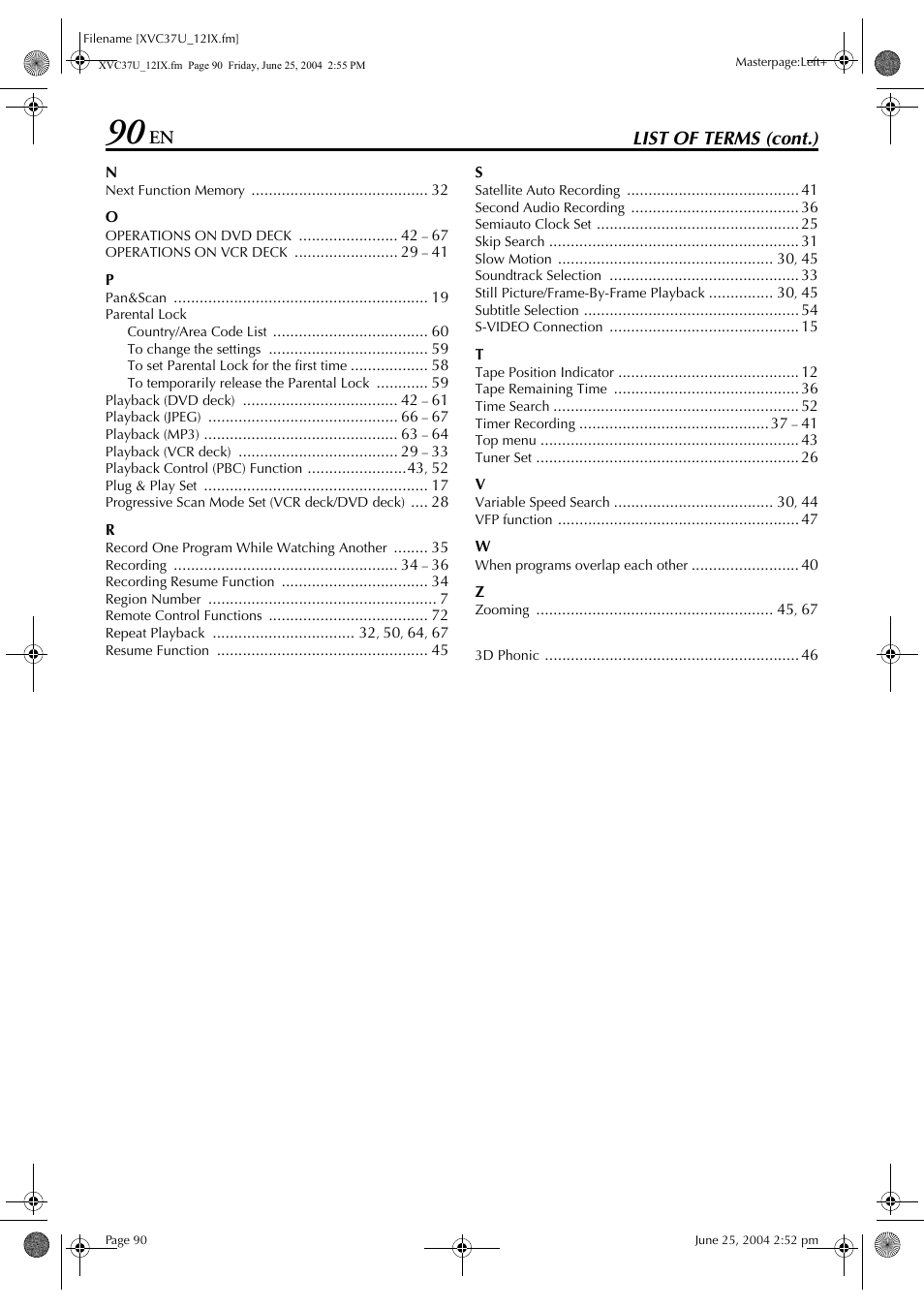 List of terms (cont.) | JVC HR-XVC37U User Manual | Page 90 / 92