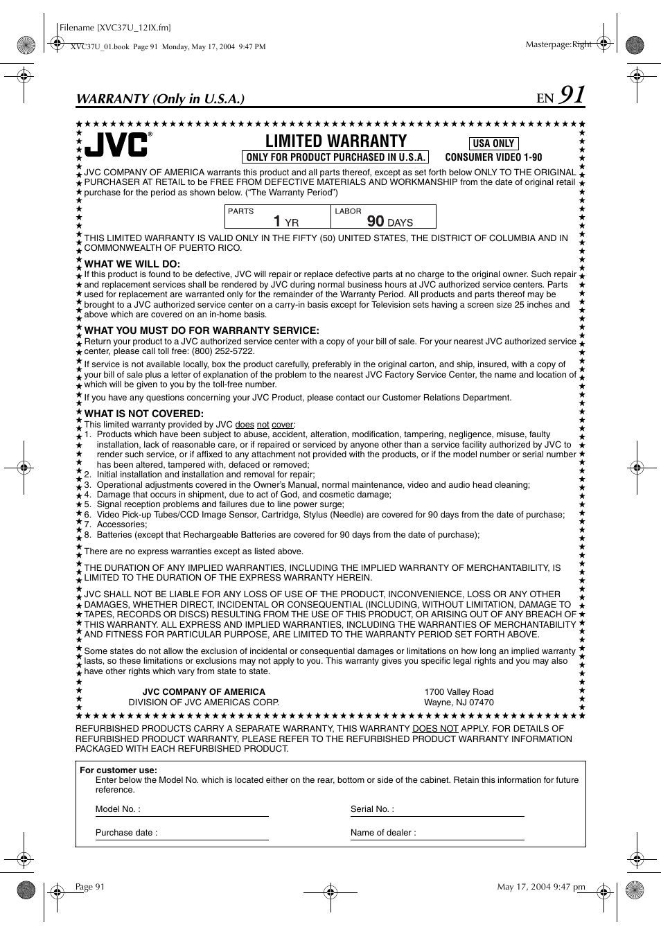 Limited warranty, Warranty (only in u.s.a.) | JVC HR-XVC37U User Manual | Page 91 / 92