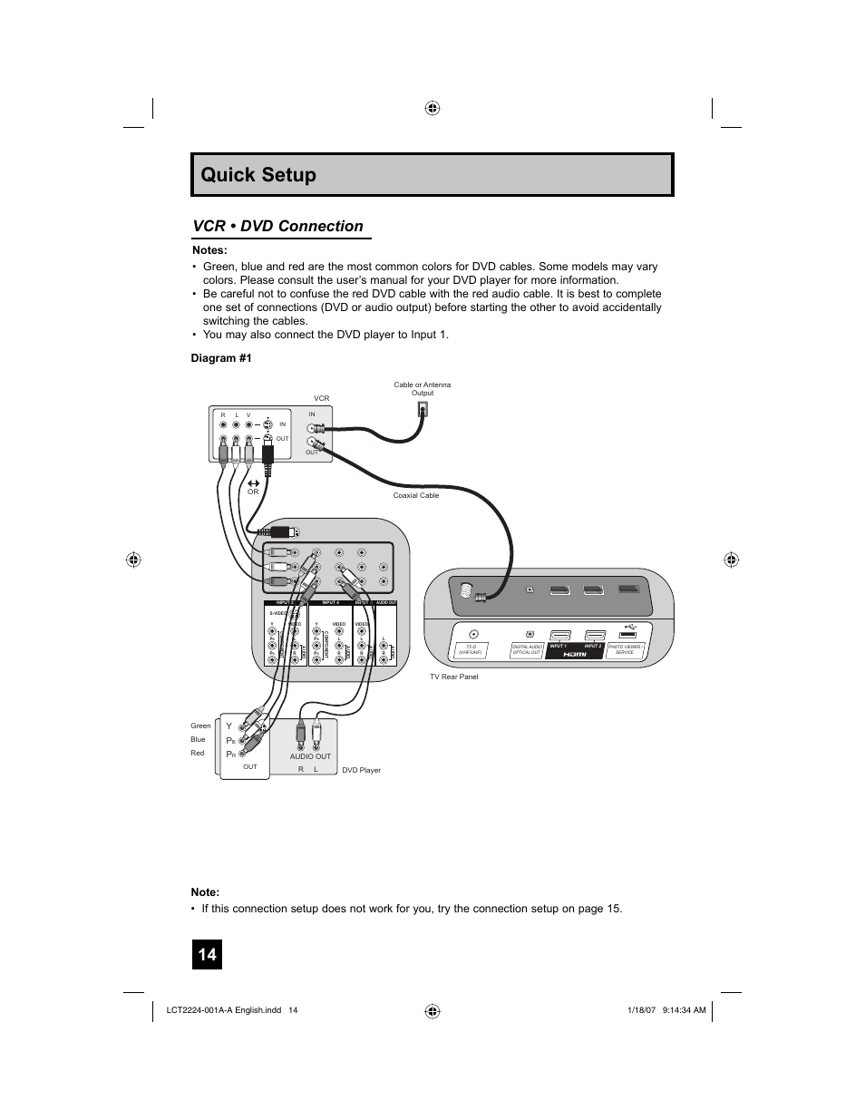 Quick setup, Vcr • dvd connection | JVC 0107TNH-II-IM User Manual | Page 14 / 72