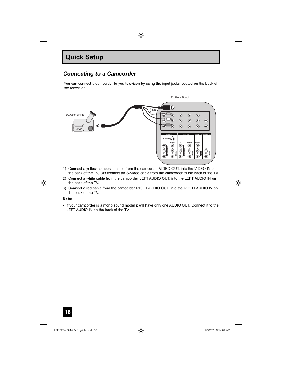 Quick setup, Connecting to a camcorder | JVC 0107TNH-II-IM User Manual | Page 16 / 72