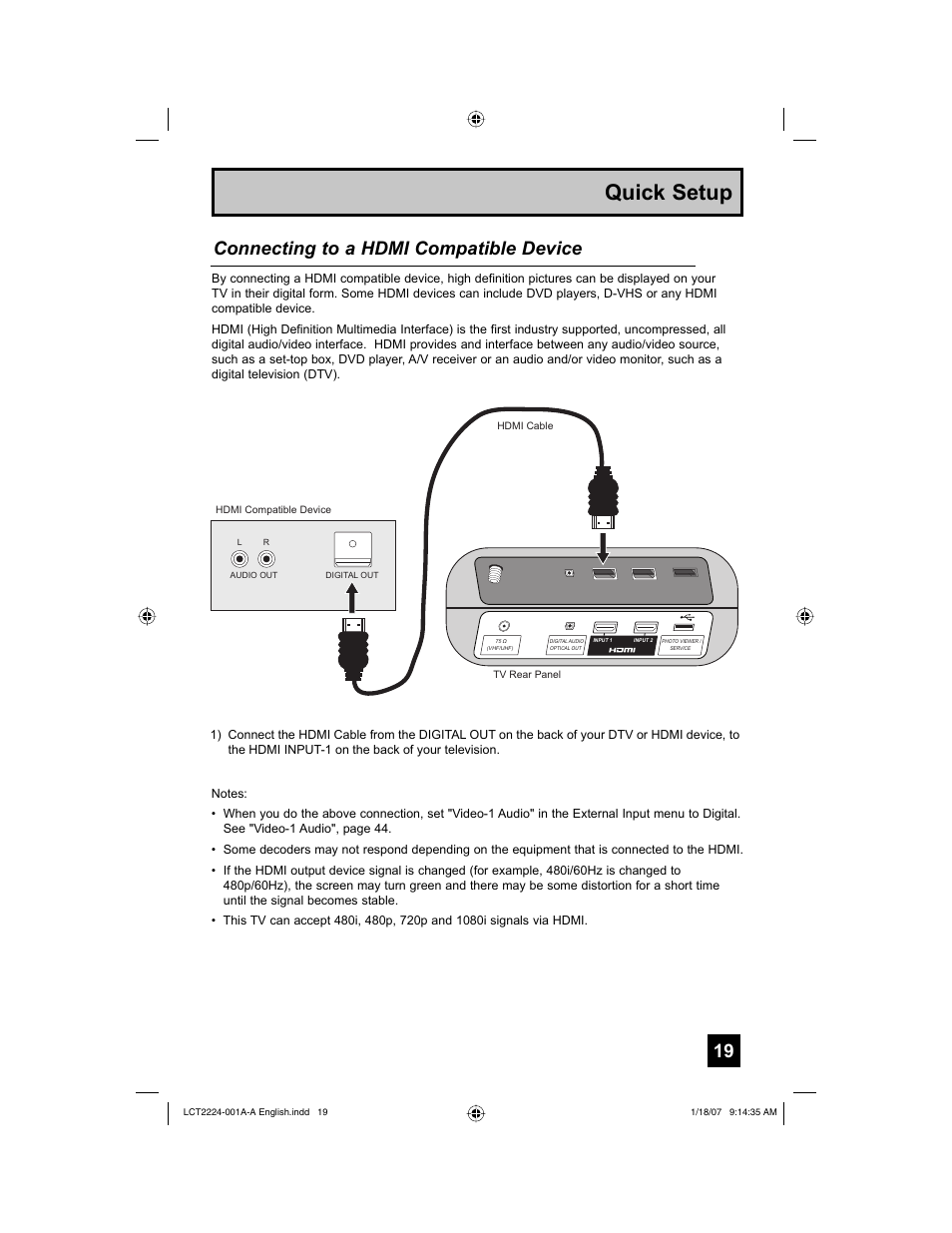 Quick setup, Connecting to a hdmi compatible device | JVC 0107TNH-II-IM User Manual | Page 19 / 72