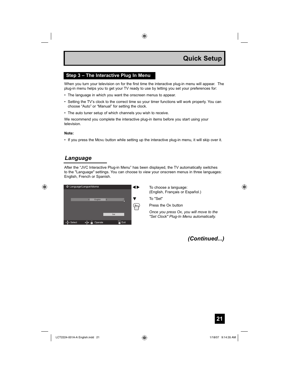 Step 3 – the interactive plug in menu, Quick setup, Language (continued...) | JVC 0107TNH-II-IM User Manual | Page 21 / 72