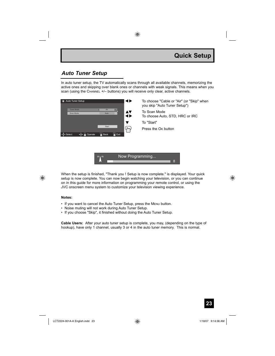 Quick setup, Auto tuner setup | JVC 0107TNH-II-IM User Manual | Page 23 / 72