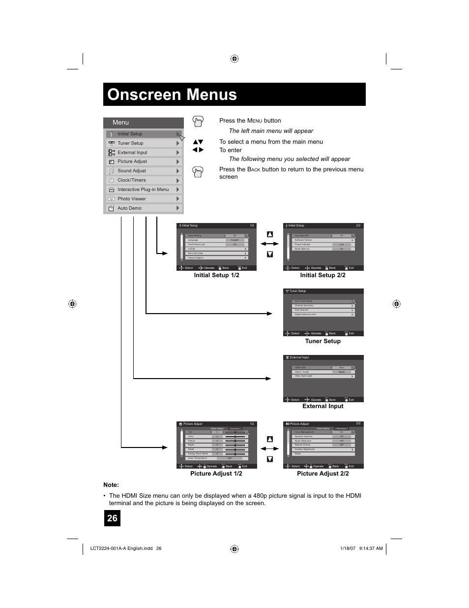 Onscreen menus, Menu, Press the m | Button to return to the previous menu screen, Initial setup 2/2 initial setup 1/2, Tuner setup, External input, Picture adjust 1/2 | JVC 0107TNH-II-IM User Manual | Page 26 / 72