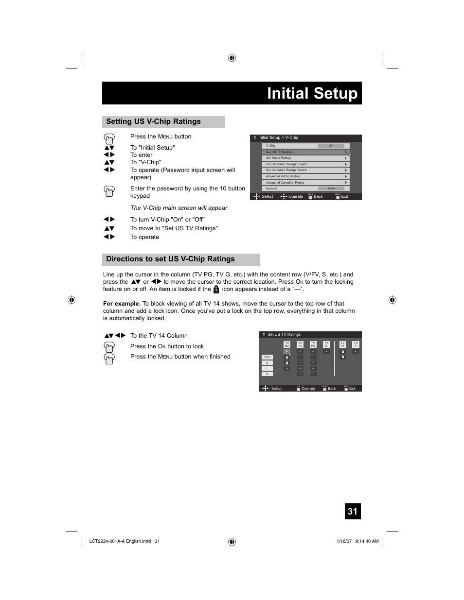 Initial setup, Directions to set us v-chip ratings, Setting us v-chip ratings | JVC 0107TNH-II-IM User Manual | Page 31 / 72