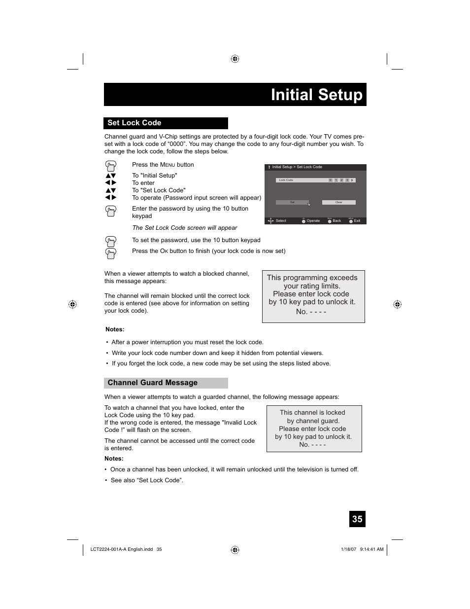 Set lock code, Initial setup, Channel guard message | JVC 0107TNH-II-IM User Manual | Page 35 / 72