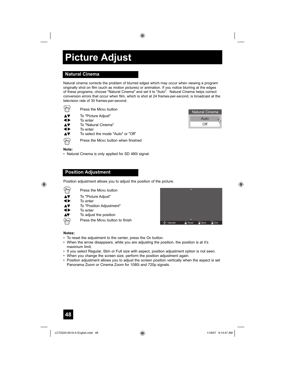 Natural cinema, Position adjustment, Picture adjust | JVC 0107TNH-II-IM User Manual | Page 48 / 72