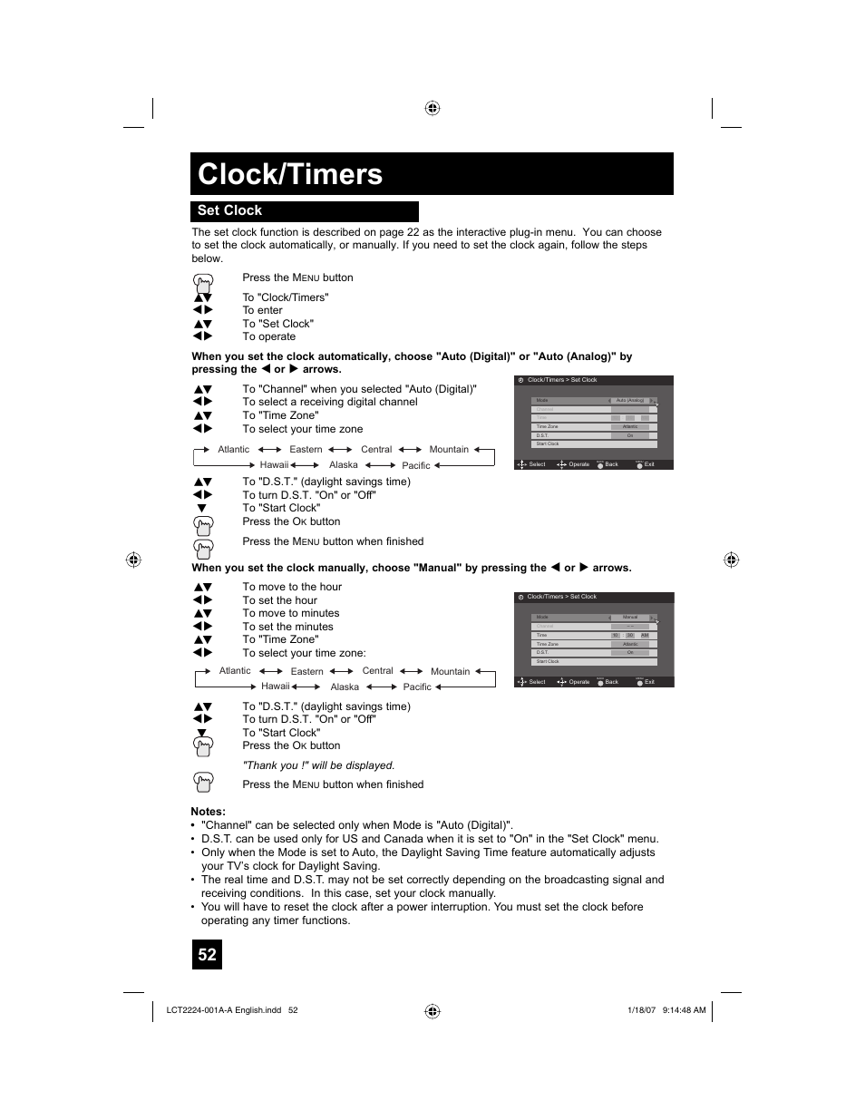 Clock/timers, Set clock | JVC 0107TNH-II-IM User Manual | Page 52 / 72