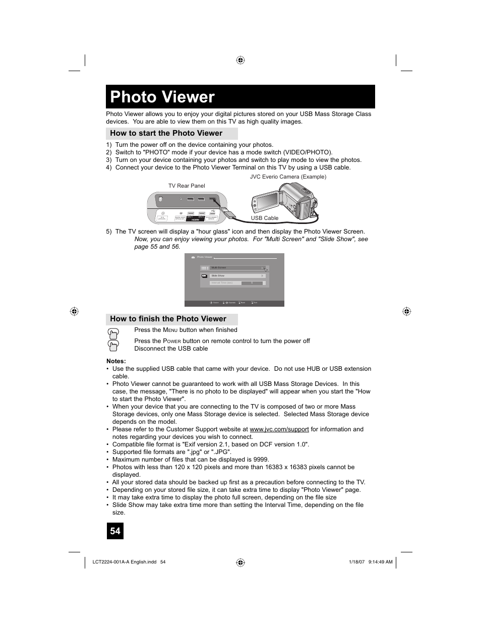 Photo viewer, How to start the photo viewer, How to finish the photo viewer | Back, Menu | JVC 0107TNH-II-IM User Manual | Page 54 / 72