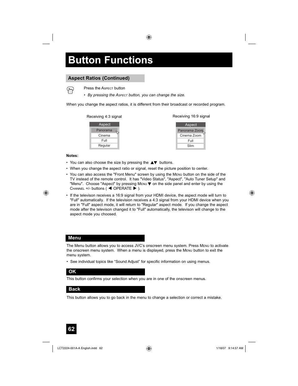 Menu, Back, Button functions | JVC 0107TNH-II-IM User Manual | Page 62 / 72