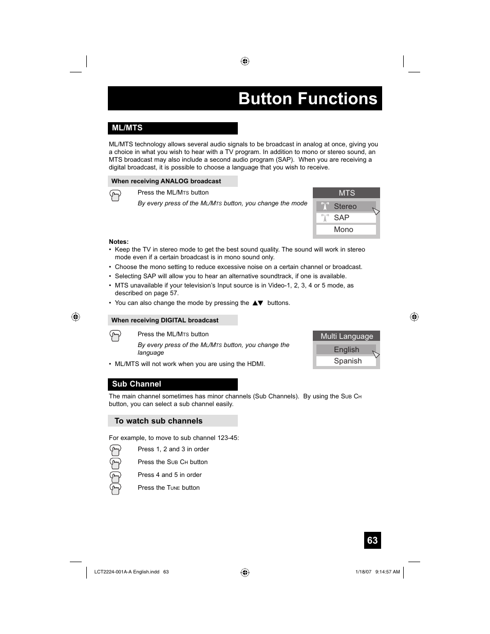 Ml/mts, Sub channel, Button functions | JVC 0107TNH-II-IM User Manual | Page 63 / 72