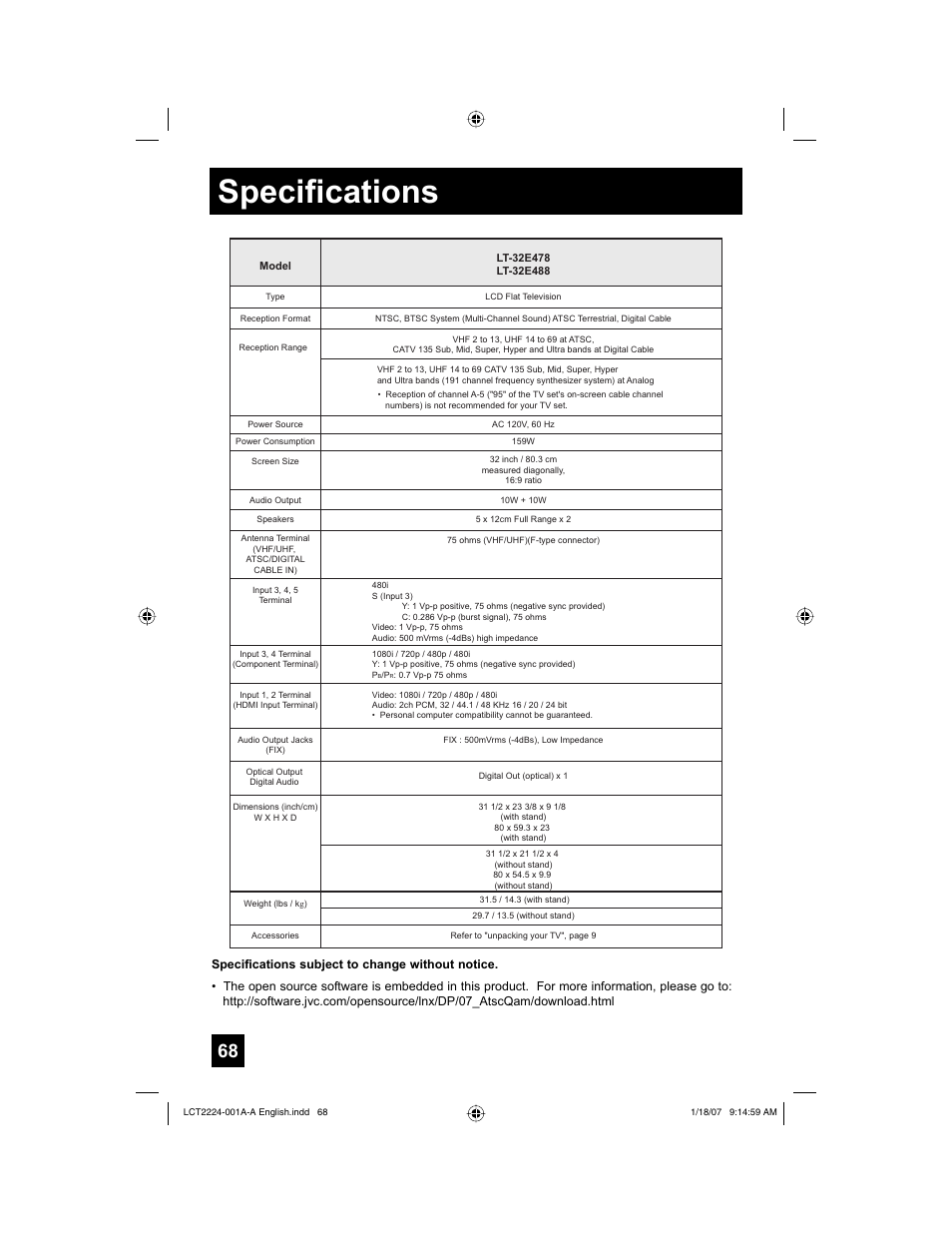 Specifications | JVC 0107TNH-II-IM User Manual | Page 68 / 72