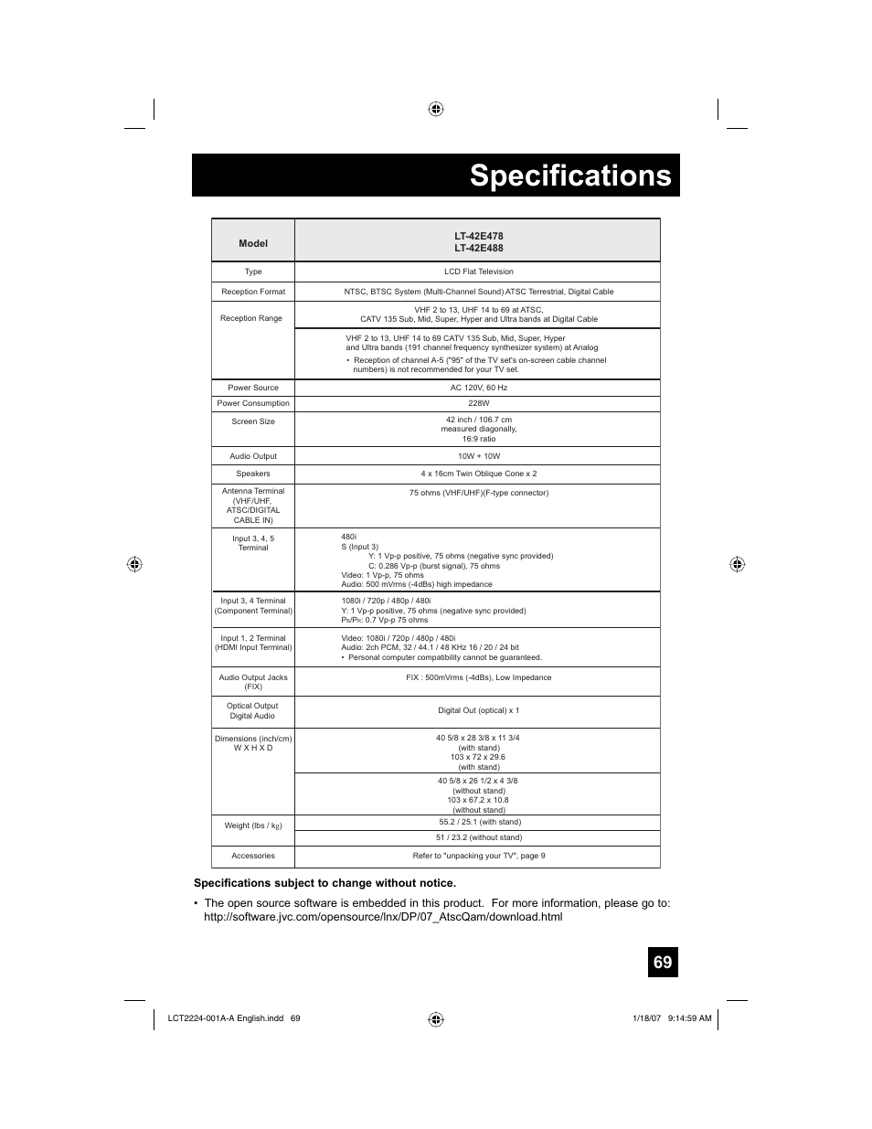 Specifications | JVC 0107TNH-II-IM User Manual | Page 69 / 72