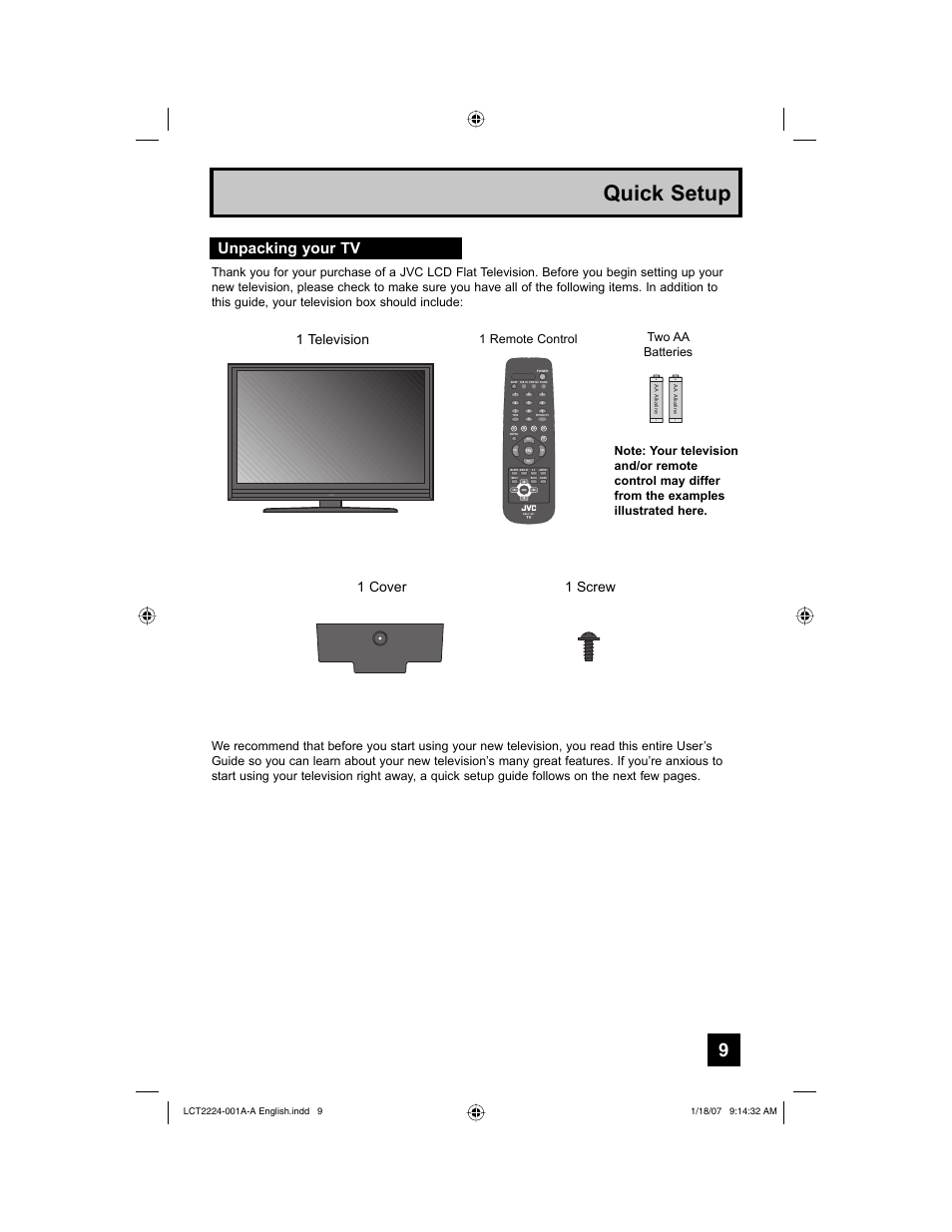 Quick setup, Unpacking your tv, 1 television | Power, 1 cover 1 screw, Two aa batteries, 1 remote control | JVC 0107TNH-II-IM User Manual | Page 9 / 72