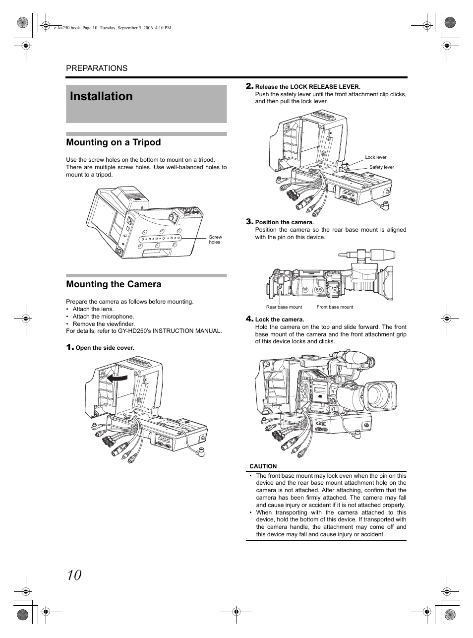 Installation, Mounting on a tripod, Mounting the camera | JVC GY KA-HD250 User Manual | Page 10 / 15