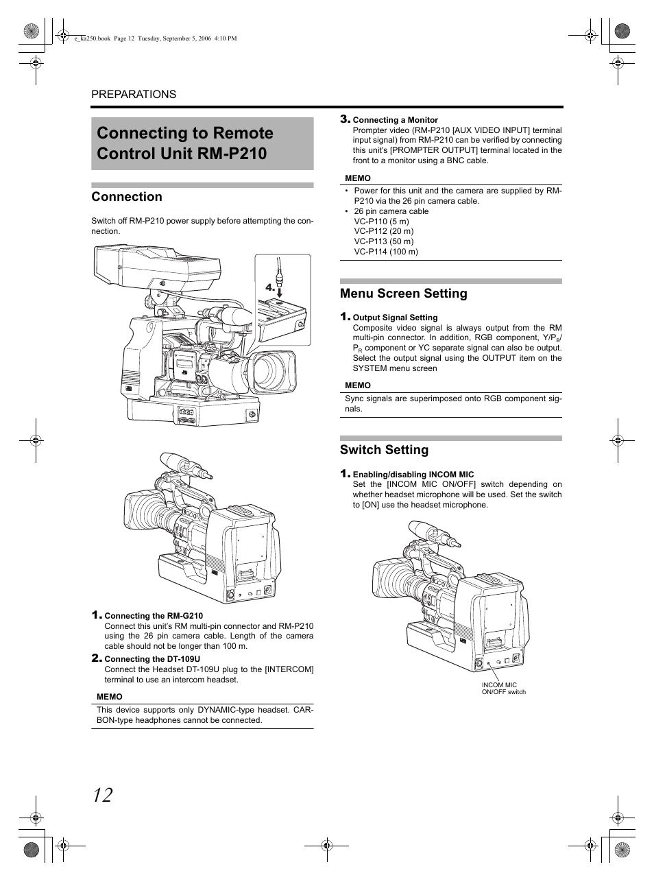 Connecting to remote control unit rm-p210, Connection, Menu screen setting | Switch setting | JVC GY KA-HD250 User Manual | Page 12 / 15