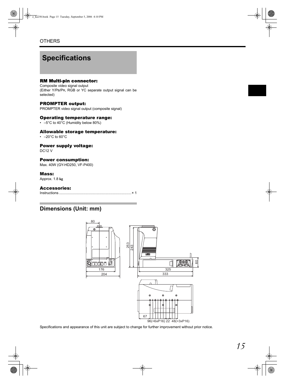 Specifications, Dimensions (unit: mm) | JVC GY KA-HD250 User Manual | Page 15 / 15