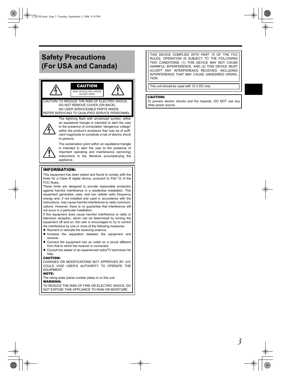 Safety precautions (for usa and canada) | JVC GY KA-HD250 User Manual | Page 3 / 15
