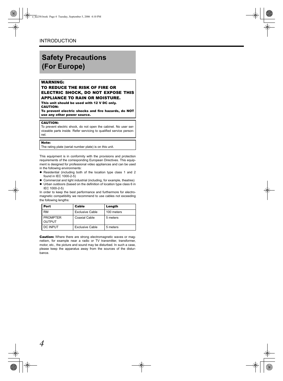 Safety precautions (for europe), Introduction | JVC GY KA-HD250 User Manual | Page 4 / 15