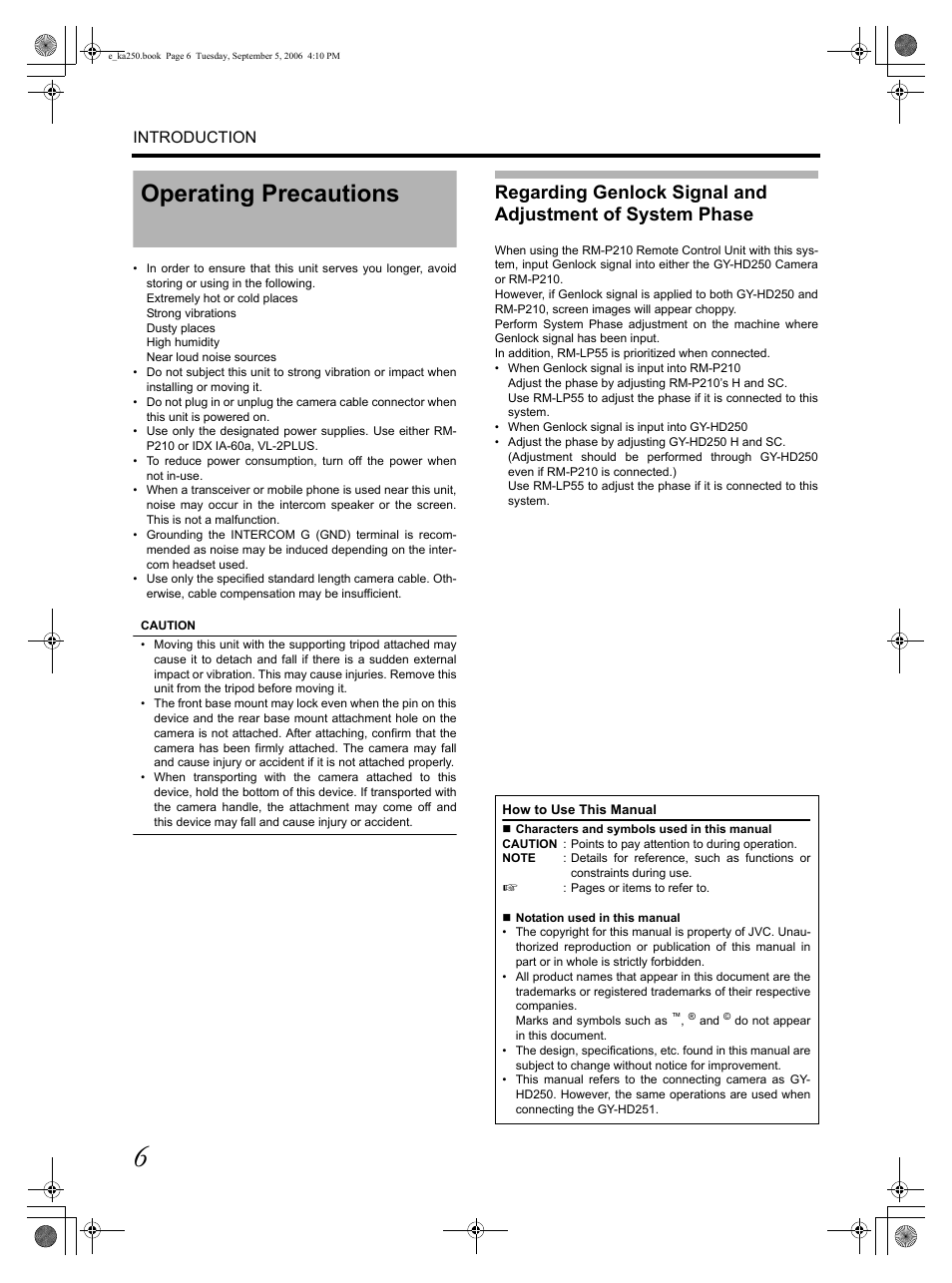 Operating precautions | JVC GY KA-HD250 User Manual | Page 6 / 15