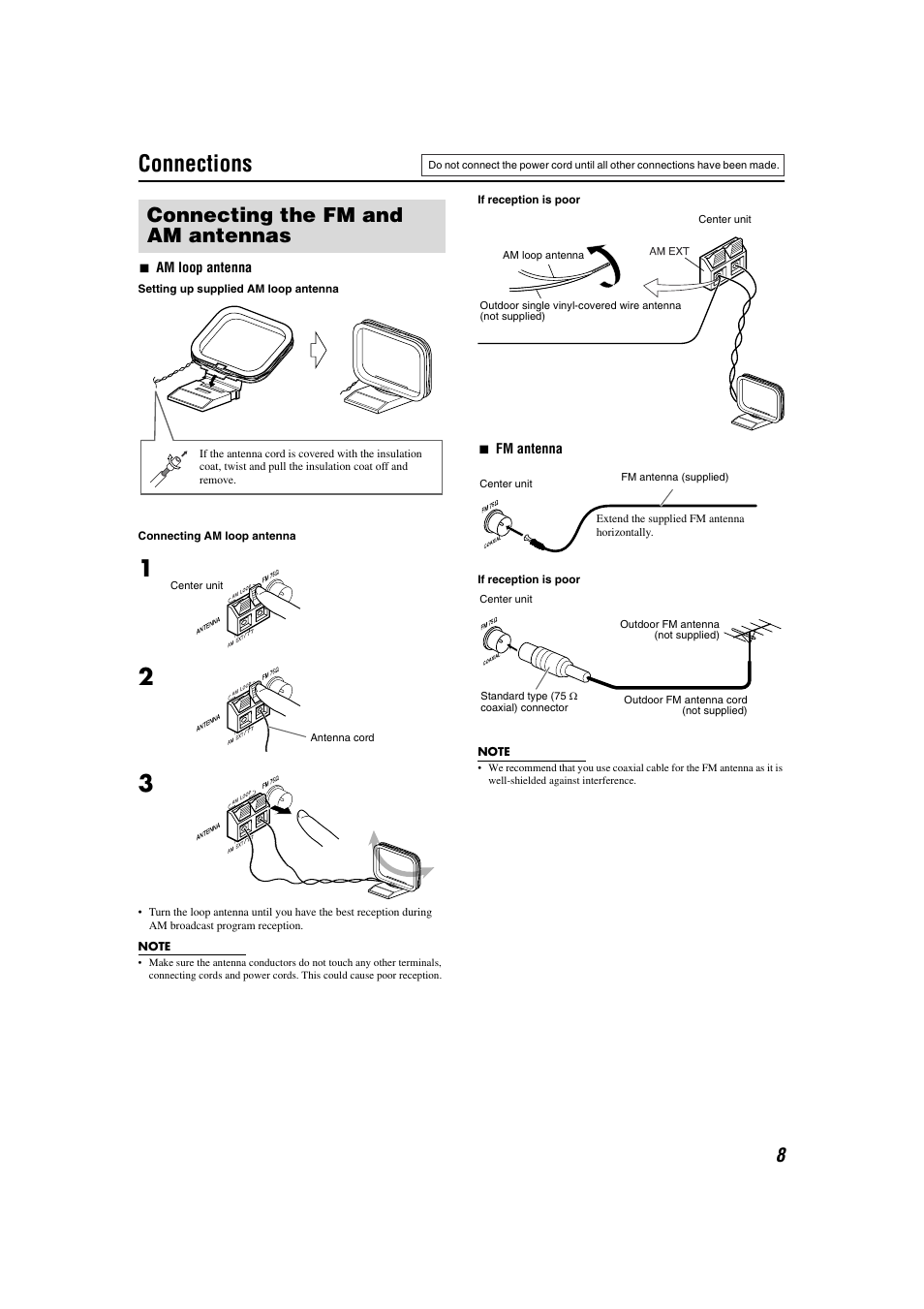 Connections, Antennas, Connecting the fm and am antennas | JVC TH-M301 User Manual | Page 11 / 60