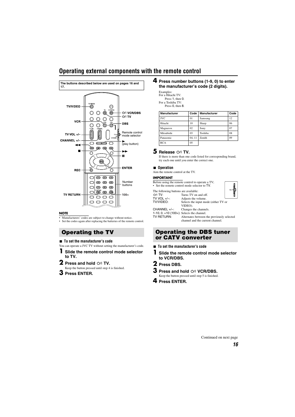 Controlling other components with supplied remote, Operating the tv, Operating the dbs tuner or catv converter | JVC TH-M301 User Manual | Page 19 / 60