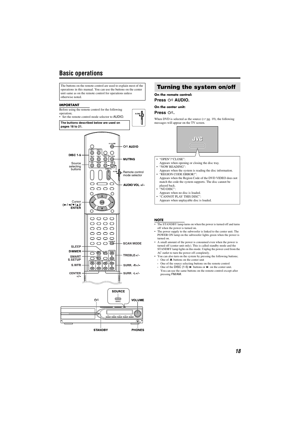Basic operations, Power on / off, Turning the system on/off | JVC TH-M301 User Manual | Page 21 / 60