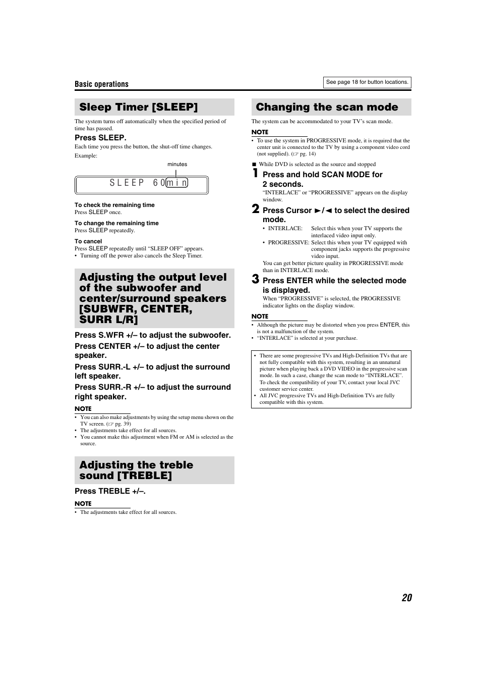 Sleep timer, Speaker & sub output levels, Treble | Progressive scan mode, Changing the scan mode | JVC TH-M301 User Manual | Page 23 / 60