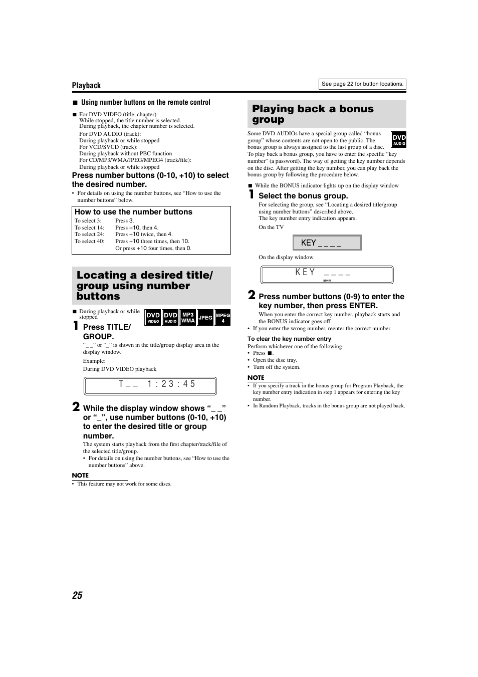 Locating a title / group using number buttons, Playing a bonus group - dvd-audio, Playing back a bonus group | T : 2 3 : 4 5, K e y | JVC TH-M301 User Manual | Page 28 / 60