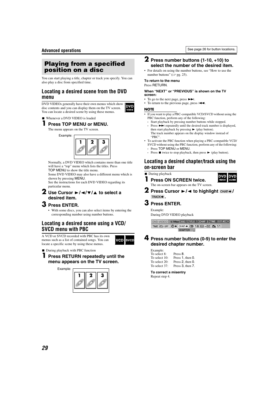 Playing from a specified position, Playing from a specified position on a disc, Locating a desired scene from the dvd menu | JVC TH-M301 User Manual | Page 32 / 60