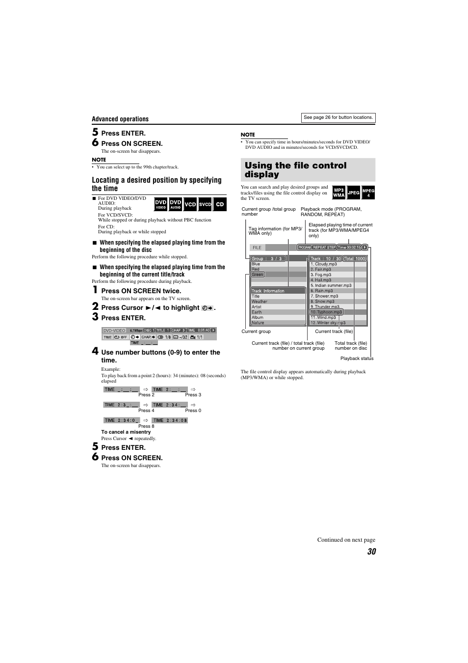 Using the file control display, Locating a desired position by specifying the time | JVC TH-M301 User Manual | Page 33 / 60