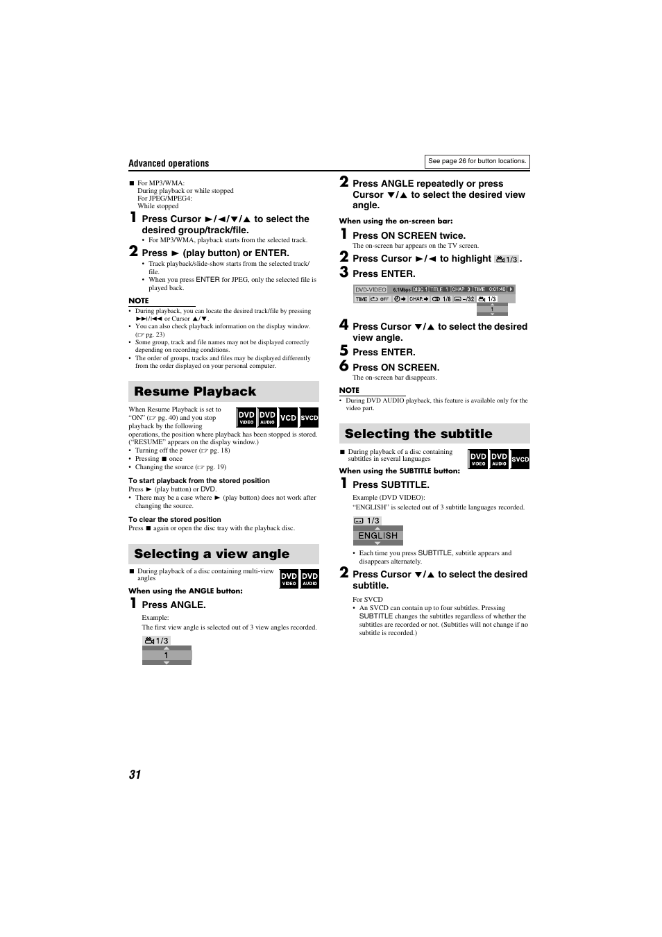 Resume playback, Selecting a view angle, Subtitles | JVC TH-M301 User Manual | Page 34 / 60