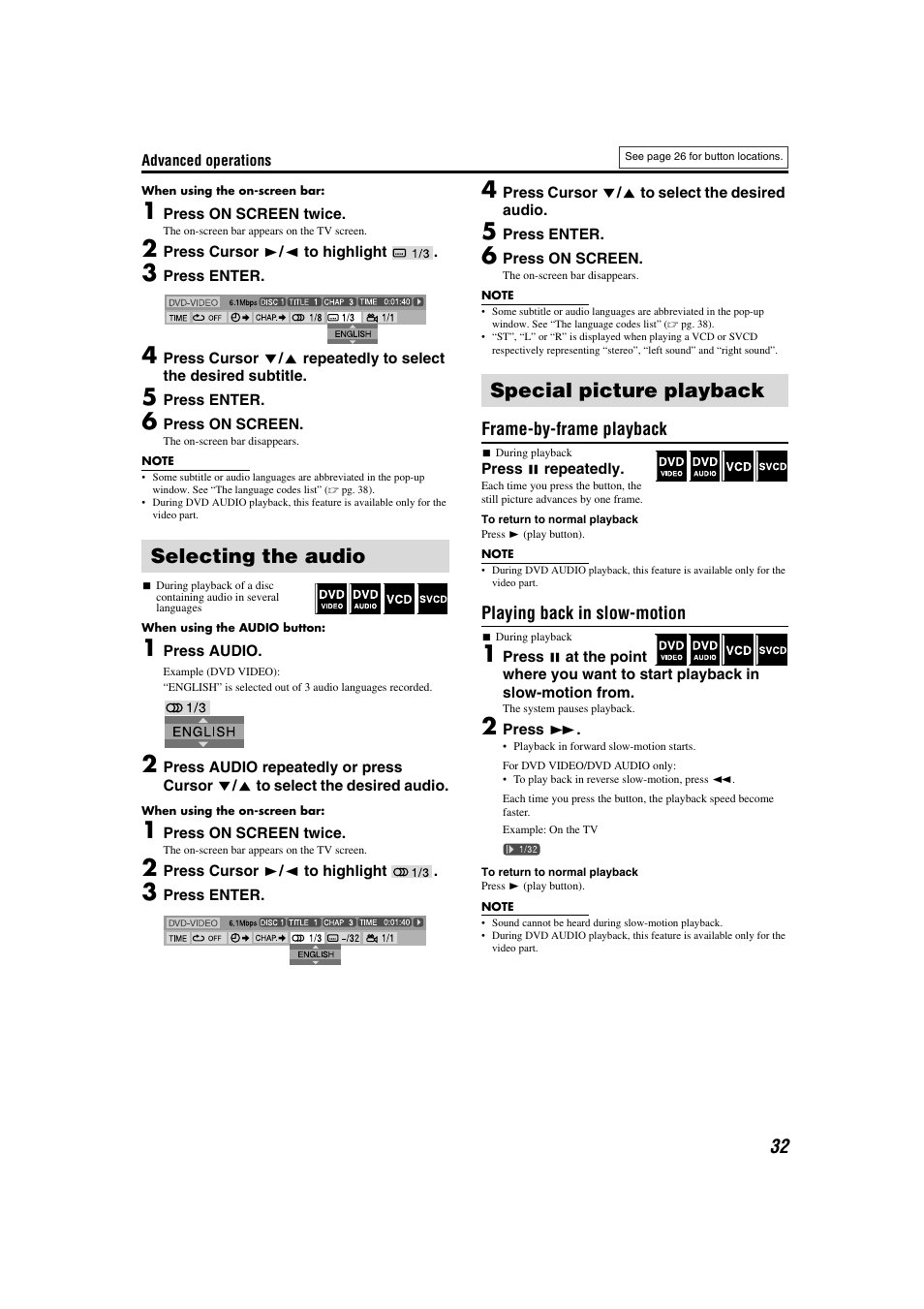 Selecting the audio, Frame-by-frame / slow motion, Selecting the audio special picture playback | JVC TH-M301 User Manual | Page 35 / 60