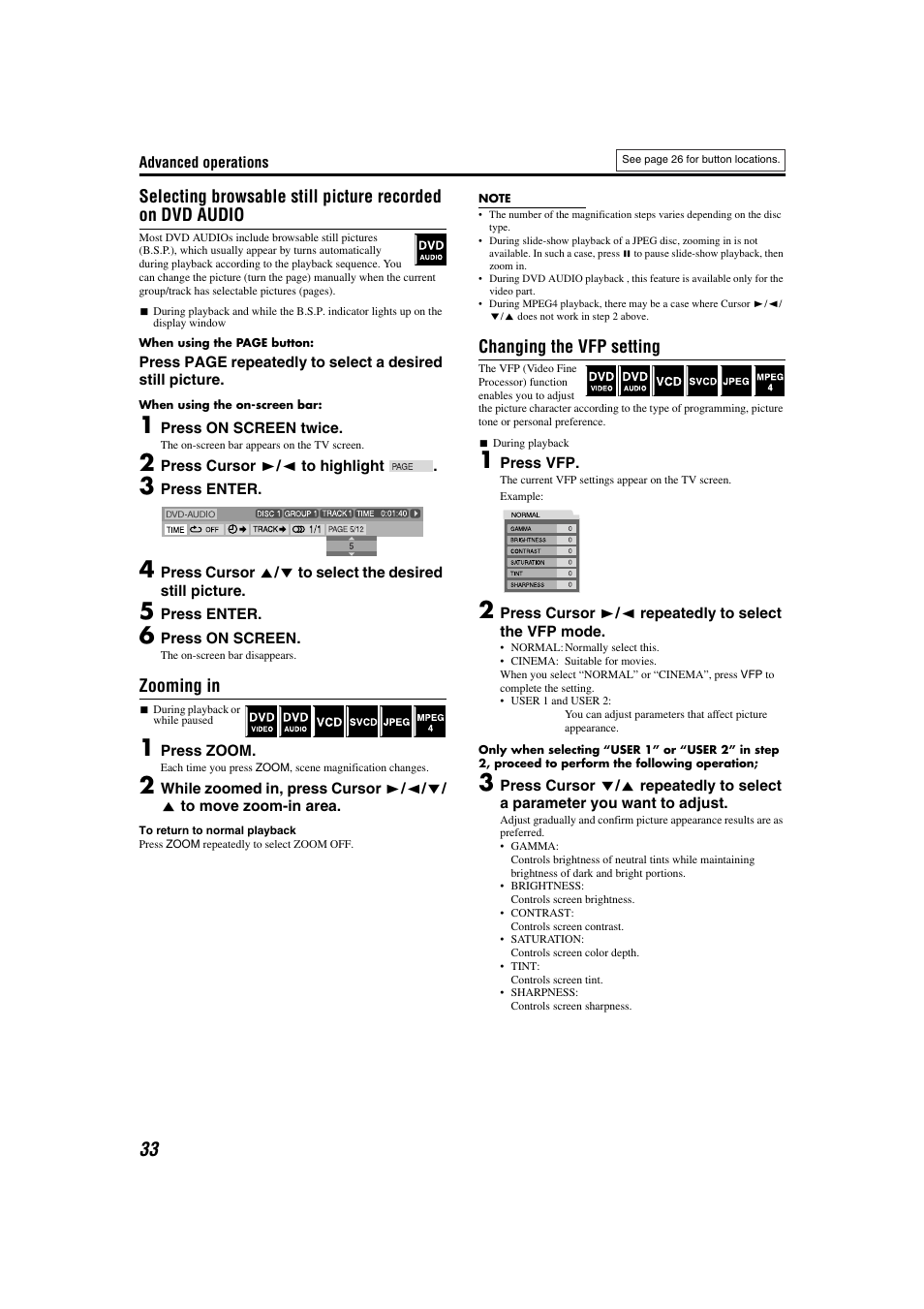 Zooming in, Changing the vfp setting | JVC TH-M301 User Manual | Page 36 / 60