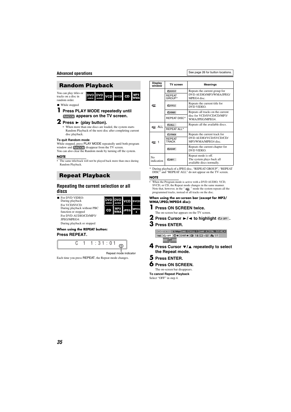 Random playback, Repeat playback, Random playback repeat playback | Repeating the current selection or all discs | JVC TH-M301 User Manual | Page 38 / 60