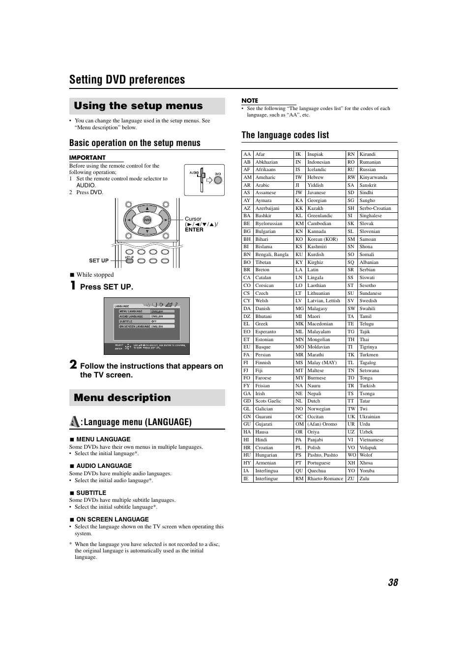 Setting preferences, Using the setup menus, Menu description | Setting dvd preferences, Using the setup menus menu description, Basic operation on the setup menus, Language menu (language), The language codes list, Press set up | JVC TH-M301 User Manual | Page 41 / 60