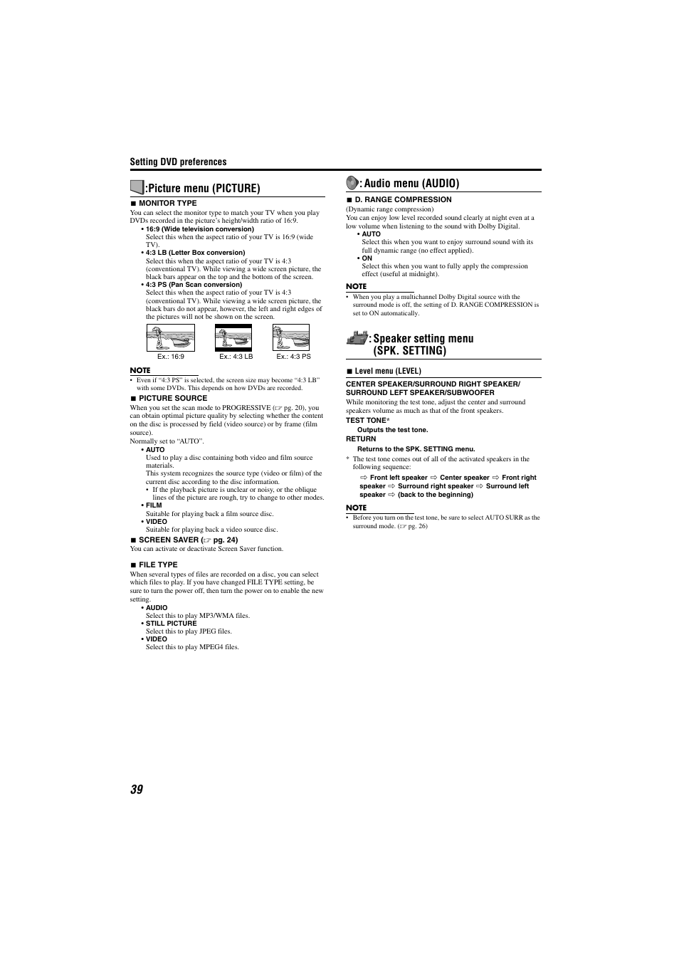 Picture menu, Audio menu, Speaker setting menu | Picture menu (picture), Audio menu (audio), Speaker setting menu (spk. setting) | JVC TH-M301 User Manual | Page 42 / 60