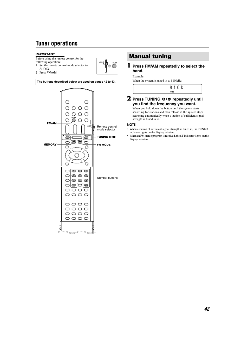 Tuner operation, Manual tuning, Tuner operations | JVC TH-M301 User Manual | Page 45 / 60