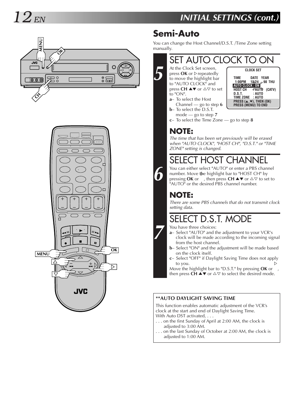 Set auto clock to on, Select host channel, Select d.s.t. mode | Initial settings (cont.), Semi-auto | JVC HR-DD750U User Manual | Page 12 / 68