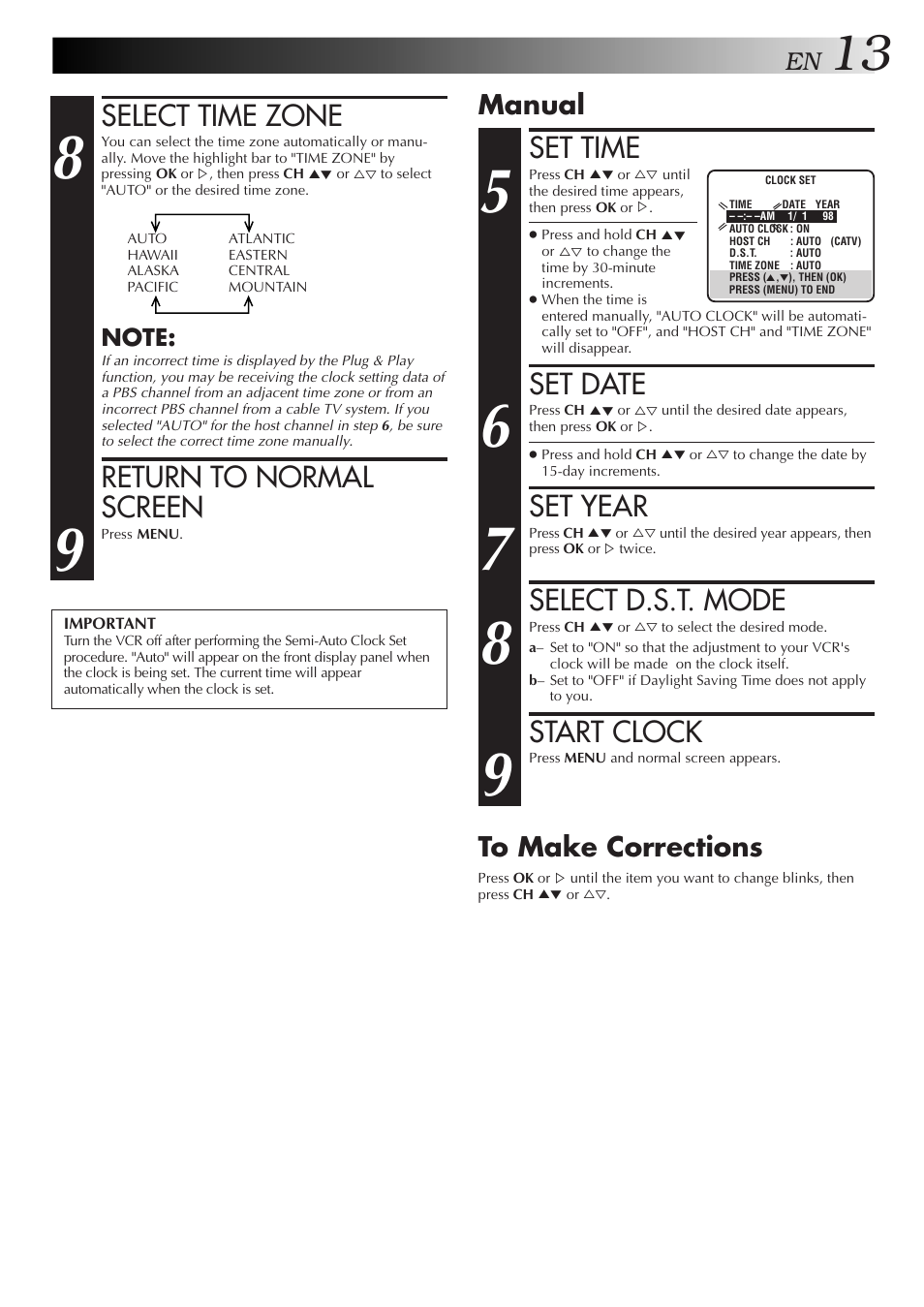 Set time, Set date, Set year | Select d.s.t. mode, Start clock, Select time zone, Return to normal screen, Manual | JVC HR-DD750U User Manual | Page 13 / 68