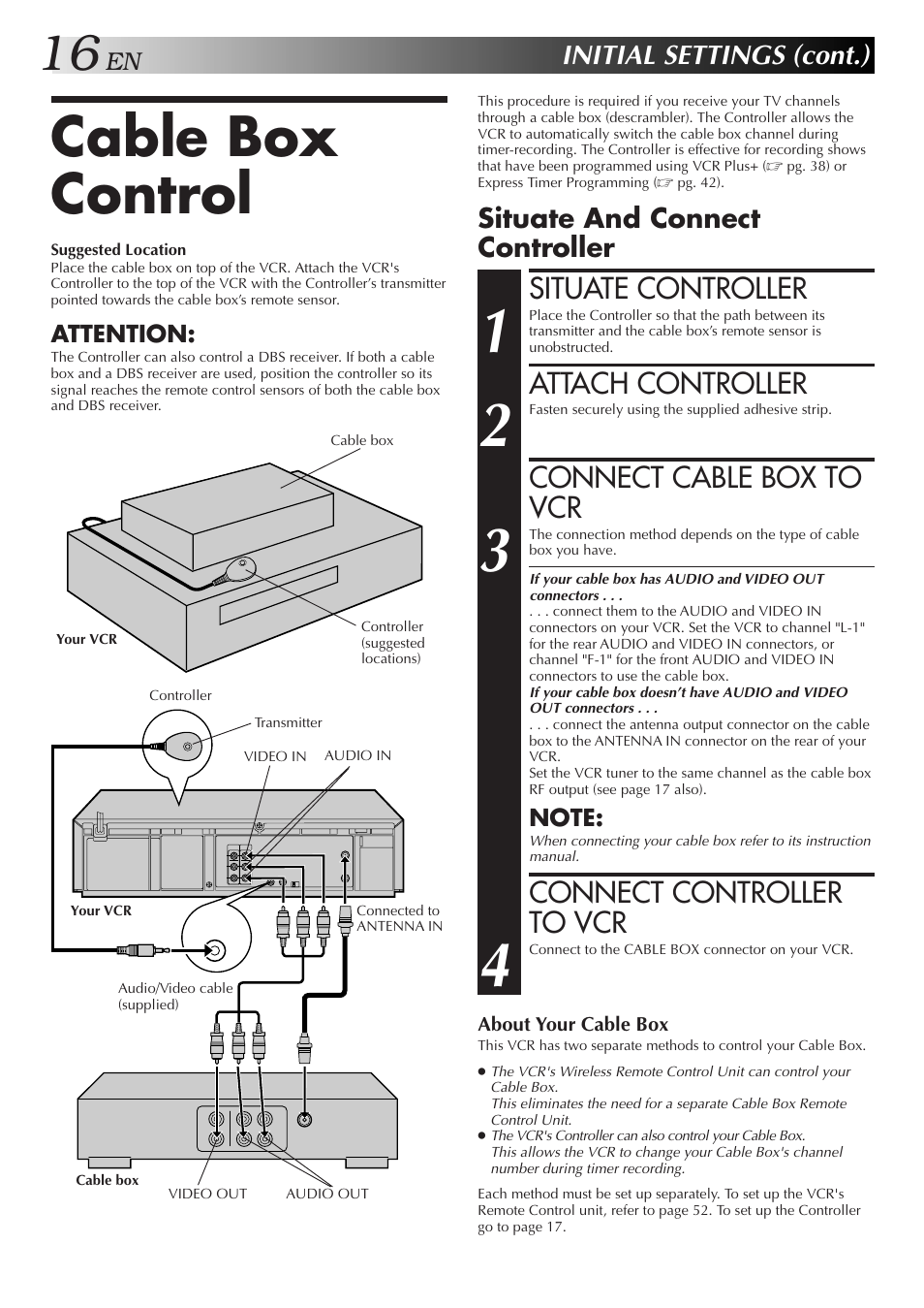 Cable box control, Situate controller, Attach controller | Connect cable box to vcr, Connect controller to vcr, Initial settings (cont.), Situate and connect controller | JVC HR-DD750U User Manual | Page 16 / 68