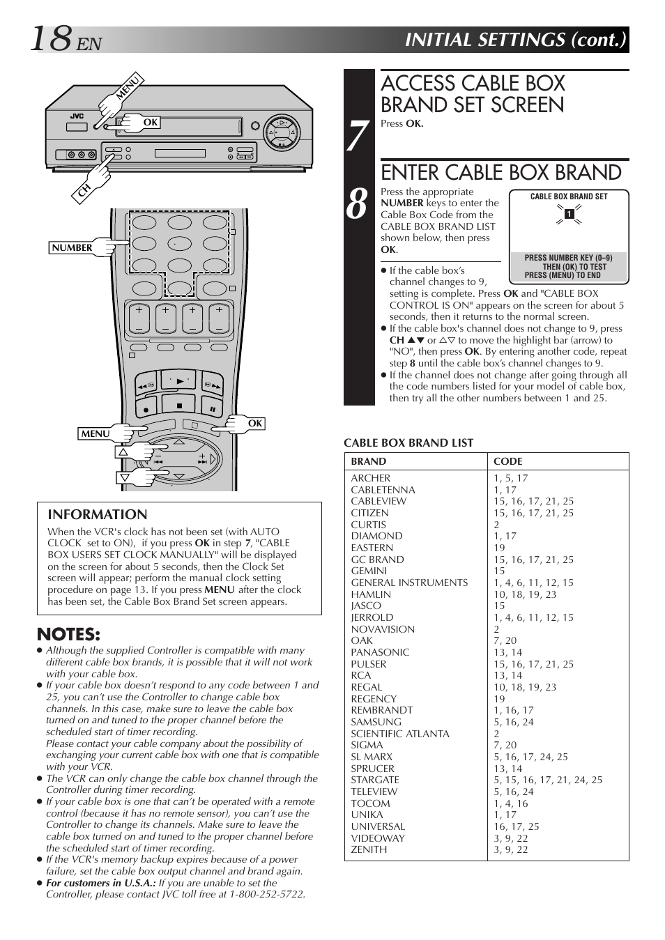 Access cable box brand set screen, Enter cable box brand, Initial settings (cont.) | Information | JVC HR-DD750U User Manual | Page 18 / 68