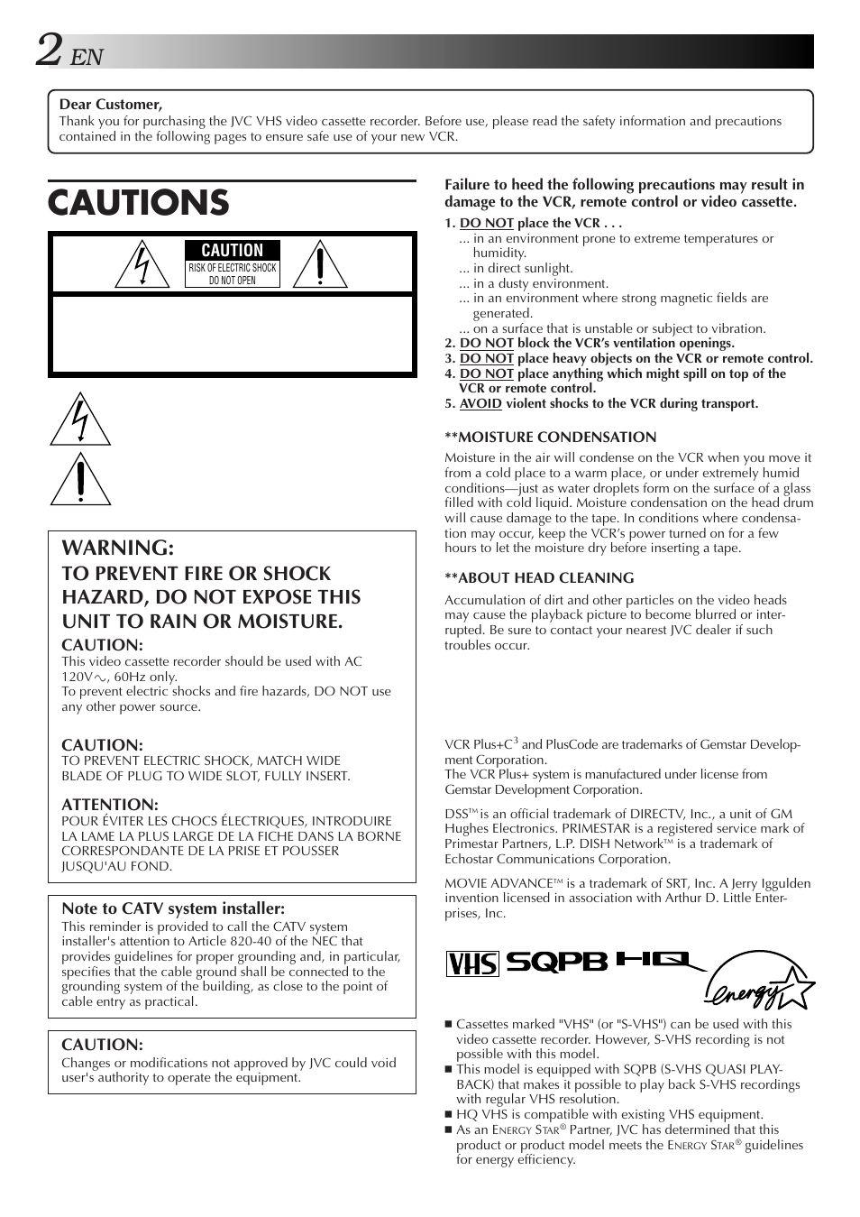 Cautions, Warning | JVC HR-DD750U User Manual | Page 2 / 68